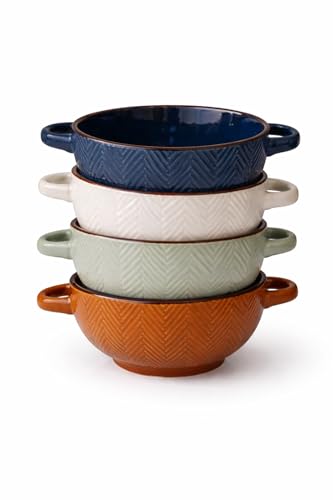 WESTCRAFT Landhaus Suppenschüssel mit Griff Keramik 680 ml Suppentasse Müslischale Servierschale Suppenschalen mit Henkel Schale für Suppe & Dessert (4er Set Landhaus kariert)