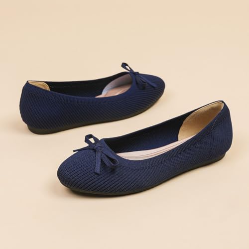 HIPPOSEUS Womens Round Toe Ballet Flats Comfortable Bow Dressy Flat Shoes Knit Office Shoes 6