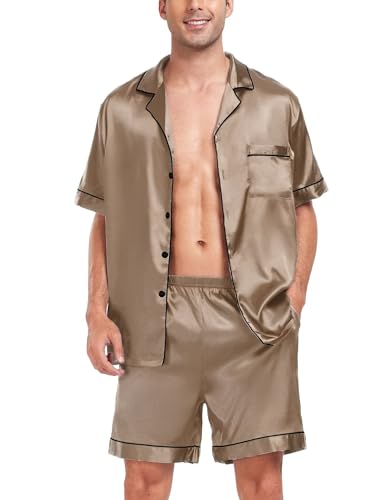 Image of SWOMOG Men Satin Silk Pajamas Sets Short Sleeve Sleepwear Button-Down PJs Sets Two-Pieces Loungewear with Pockets