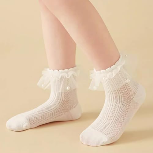 3 Pairs Girl's Socks, White Mesh Cotton Princess Crew Socks with Ruffle Lace Design for Summer Kids2