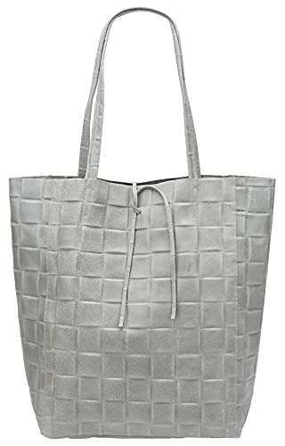 SH Leder ® Damen Echtleder Shopper in geflochtene print mit Innentasche in vielen Farben Schultertasche Henkeltasche 37x29cm Kamilla G267 (Hellgrau)