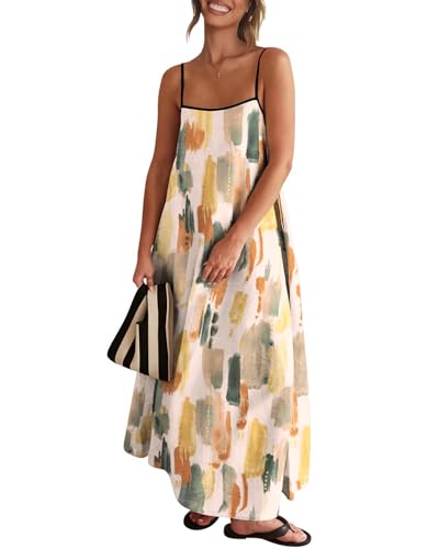 Image of Senllen Women's Linen Dress Summer Loose Flowy Sundress Contrast Spaghetti Strap Sleeveless Backless Beach Maxi Long Dresses