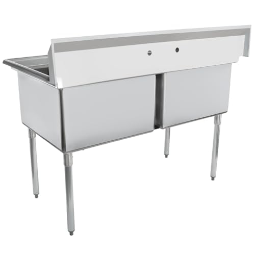 Image of EMPURA 55 inch Wide Stainless Steel Two Compartment Commercial Sink | Prep Utility 24 x 24 Bowl for Restaurant Laundry Garage | 3.5 inch Drain Basket, 9.75 inch Backsplash, 55 inchW x 29.5 inchD x 44.25 inchH, 18 Gauge, NSF