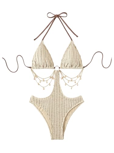 WDIRARA Women's Chain Linked Cut Out Halter One Piece Swimsuit