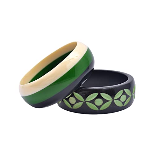 Verdure Wheel -Beautiful Value Set Of 2 Resin Bangles Depicting Joinery & Carving Art In Black, Pastures Green, White & Arcadia Green Color With Pure Cotton Designer Gift Bag For Girls & Women #TOP10
