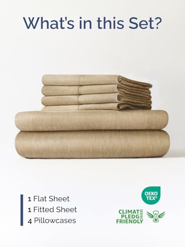 Image of Extra Deep Queen Sheet Set - 6 Piece Breathable & Cooling - Heathered Tan | Hotel Luxury Bed Sheets Set, Easy & Secure Fit, Ultra-Soft, Wrinkle & Fade Free, Comfy Sheets Set with Extra Deep Pockets