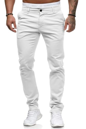 Osheoiso Pantalones Chino Hombre Deporte Elásticos Largos Pants con Bolsillos Slim Fit Ajustados Pantalone Vintage Skinny Cargo Trouser de Hombres Verano A Blanco S