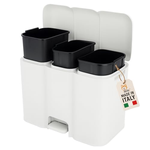 AKITAInk Pattumiera Differenziata Patty3 Bianca - 3 Scomparti (13L + 8L + 13L) con Pedale, Cestini Rimovibili e Etichette Riciclo, Design Moderno per Cucina e Ufficio