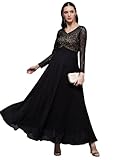 Miss Chase Vestido largo acampanado con cuello redondo y encaje floral para mujer, Negro cuervo, XS