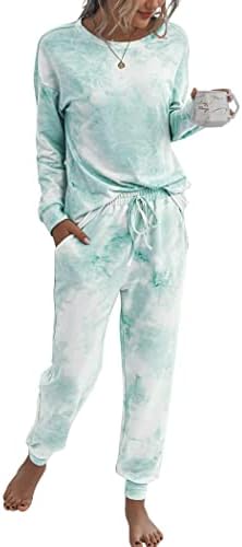 PRETTYGARDEN Women's Tie Dye Two Piece Pajamas Set Casual Long Sleeve Sweatshirt with Long Pants Loungewear (Green,Small)
