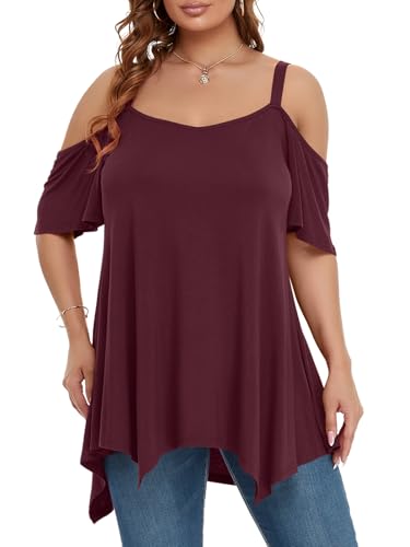 Image of LARACE Cold Shoulder Tops for Womens Summer Clothes Spaghetti Strape Tunic Oversized Shirts Asymmetrical Plus Size Blouse