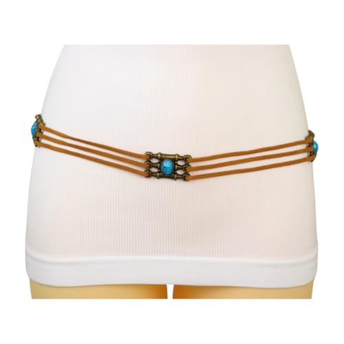 Women Ethnic Fashion Wrap Around Tie Belt Gold Charm Turquoise Blue Beads M L Brown z1963
