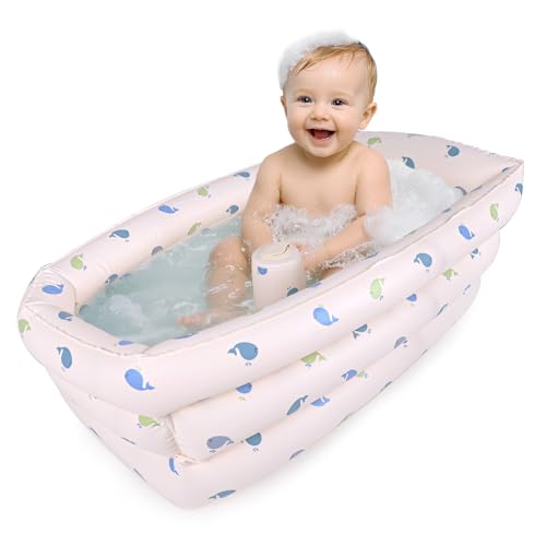 Image of AirSwim Inflatable Baby Bathtub with Built-in Air Pump, Portable Bathtub for Babies 1-5 Years Old, Small Ball Pool, Foldable Bath Tub for Travel, 30.7 x 14.6 Inch (Whale)