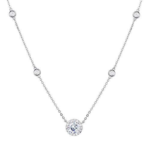 Agvana Sterling Silver Cubic Zirconia Necklace for Women Halo CZ Fake Diamond Station Pendant Necklace Jewelry Anniversary Birthday Mothers Day Gifts for Girls Mom Grandma Wife Daughter Her, 16+2