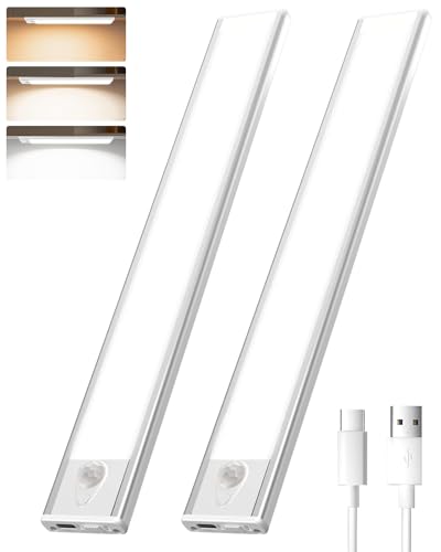 KALAHOL 2024 Unterbauleuchte Küche LED mit Bewegungsmelder, 126 LED, 3 Sensormodi, Stufenloses Dimmbar, USB Wiederaufladbar, Drei Farbtemperaturen, für Kleiderschrank Treppe (2 Stück, 30CM)