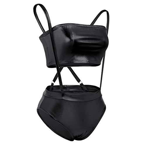 Women Shiny Metallic Bandeau Top + Suspender Hot Shorts Sexy Holographic Metallic Set Rave Outfit Sexy Bikini Clubwear2