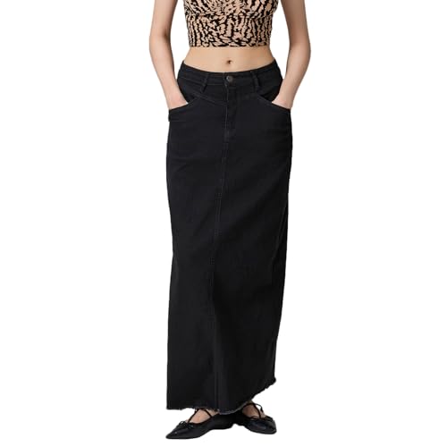 Women's Retro Denim Maxi Skirt Frayed Raw Hem Long Jean Skirt Y2K Fashion A-Line Maxi Denim Skirt with Pockets