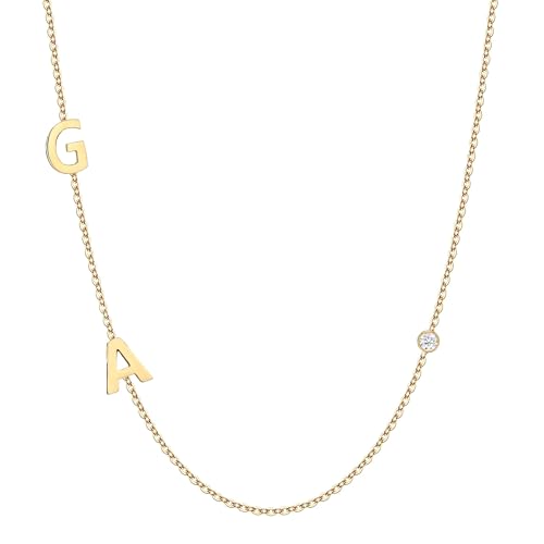 14k Sideways Initial Gold Necklace w Solitaire Diamond, Custom Multiple Letter Necklace, Personalized Solid Gold Initial Diamond Letter Necklace, Personalize Birthstone Bridesmaid Gift.