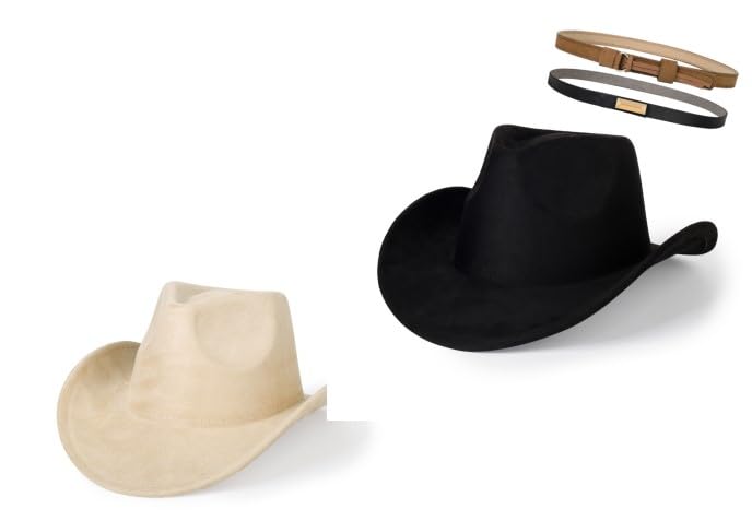 Image of 2 Pack Western Cowboy Hats for Women Men 2 Different hat Bands | Classic Felt Wide Brim Costume Cow Boy Hat Curved Brim Cowgirl Hat