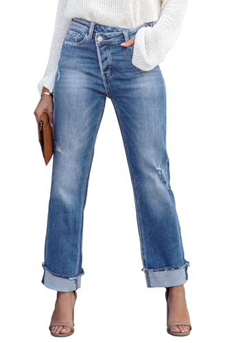 Metietila Women's Crossover Boyfriend Jeans High Waisted Distressed Stretch Jeans Ripped Denim Pants Trendy Lapis Air S