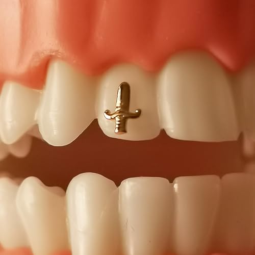 Image of Chamon 8K Solid Gold Tooth Gems Dagger Shape Sword Design, Tiny Micro Gothic Punk Teeth Ornament, Hip Hop Style Accessory for Men and Women
