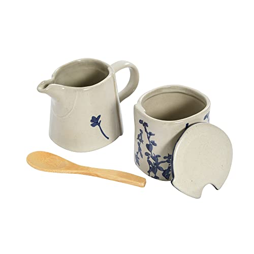 Creative Co-Op Hand Stamped Stoneware Sugar Pot With Lid And Creamer Dining/Entertain Mugs & Cups, 8"L X 3"W X 3"H, Blue & White #TOP4