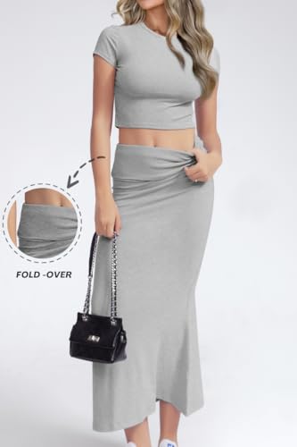 Image of CHYRII Womens Two Piece Sets Short Sleeve Crewneck Cropped Top Bodycon Fold Over Maxi Skirt Maxi Dress Outfit