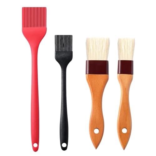 4 Pack Basting Brush, 2 Pcs Boar Bristles with Wood Handles and 2 Pcs Silicone Brushes, Pastry Brush for Oil, BBQ, Grill, Sauce Baking Cooking, Dishwasher Safe (Black, Red & Natural)