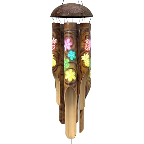 Nalulu Piney Bamboo Wind Chimes - Outdoor Wood Wooden Windchimes, Tropical Design with Coconut Crown, Handcrafted with Calming Deep Tones, Ideal Home Decor or Gift for Any Occasion Cover