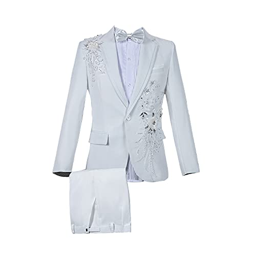Mens Fashion Diamond Sequins Floral Tuxedo Jackets Slim Fit Dinner Blazers Performance Prom Wedding Groom Host Blazer (White,XX-Large)