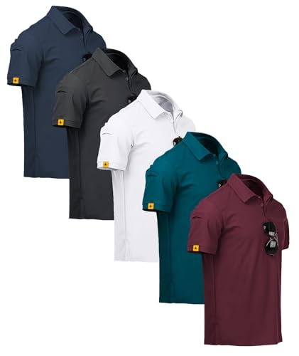 ZITY Pack de 5 Polos Hommes Manches Courtes Séchage Rapide Respirant T-Shirt Hommes Polo d'été Sport Shirt Regular Fit Polo de Golf(L)