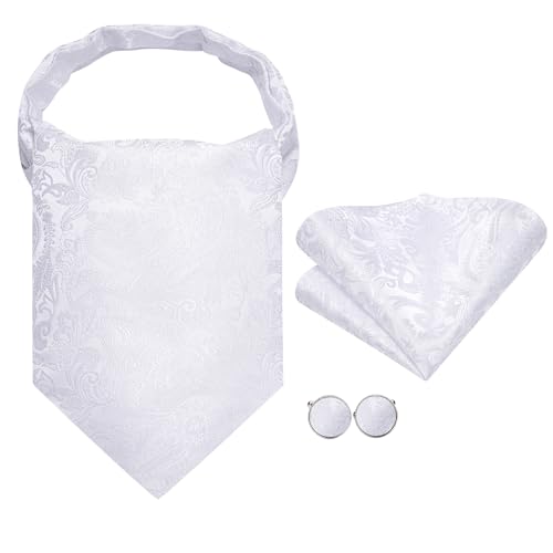 Image of Hi-Tie Silk Ascot for Men Self Tie Men's Cravat and Flower Lapel Pin Handkerchief Cufflinks Set for Wedding Party