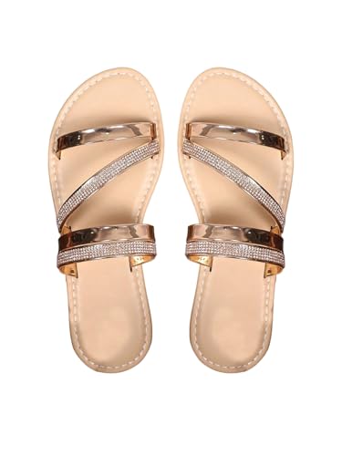 OYOANGLE Women's Glitter Rhinestone Strappy Flat Sandals Metallic Open Toe Slip on Sandals