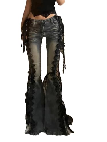 Women's Lace-Up Flare Jeans - Split Bootcut & Whiskers Design for Y2k Bell Bottoms Blue