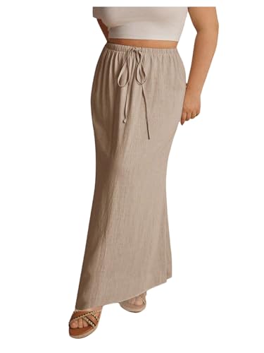 GORGLITTER Women's Plus Size Linen Skirts Drawstring Elastic Waist Boho Vacation Maxi Skirt