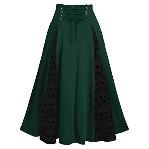 Liebeimmer Women Gothic Black Pleated Skirt Skull Print Renaissance Prairie Dress Vintage Lace Up High Waist Long Steampunk Skirt, Shipping 7 Days Cover