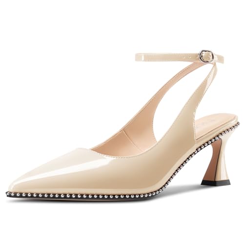 Image of NobleOnly Womens Slingback Heels Beaded Pumps Ankle Strap Pointed Toe Kitten Heels Dress Shoes 2.6 Inches