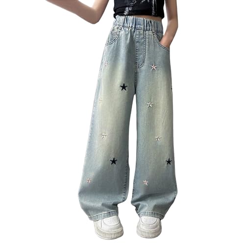 Girls Star Embroidered Wide Leg Jeans Baggy Trousers High Elastic Waist Denim Pants Cute Y2K Trendy Tween Streetwear2