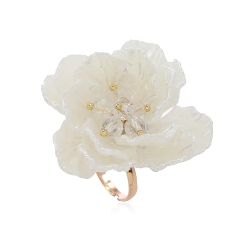 Dtja Elegant Shell Pearl Flower Statement Ring for Women Lady Artificial White Camellia Cherry Blossom Petals Adjustable Wide Wrap Rings Comfort Fit Delicate Wedding Holiday Party Jewelry