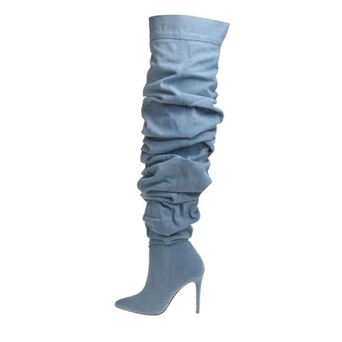 THESHY Women's Slouchy Over The Knee Boots Denim Pointed Toe Stiletto Heel Thigh High Boots Pleated Tall Fashion Sexy Bootie