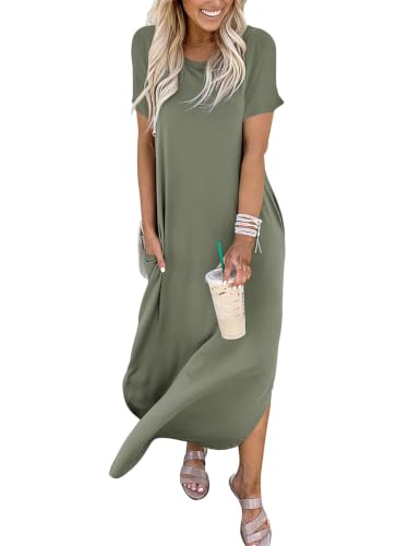 ANRABESS Womens Summer Maxi Dress Short Sleeve Casual Loose Long T Shirt Dresses Split Vacation Beach Sundress Travel Outfits Olive Large