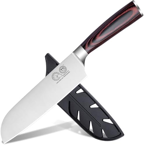 XYJ Professional Japanese Santoku Knife with Plastic Sleeve,7 Inch Vegetable Kitchen Knife,Stainless Steel,Meat Slicing Knives,Pakkawood Handle,Meat Cleaver for Outdoor Camping