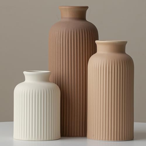 Large Modern Ceramic Vase Set, Coffee Ribbed Matte Design, 3-Piece
