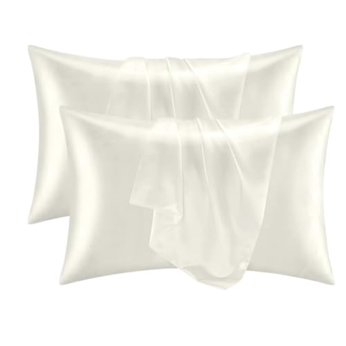Image of RAGGLE Satin Silk Pillowcase for Hair and Skin Standard Size 18 inchX 28 inch with Soft Breathable Smooth Cooling Pillow Covers for Sleeping or Pillow Protector (2, Off White)