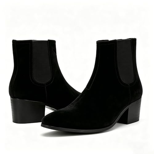 Image of Men'S Classic Leather Chunky Heel Chelsea Boots With Side Zipper Fashion Pointed Toe Elastic Band High Top Block High Heel Formal Chukka Booties For Casual Business Party Wedding