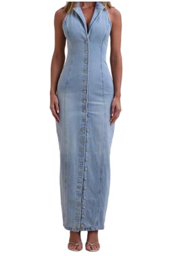 Womens Summer Casual Button Down Maxi Denim Dress V Neck Sleeveless Sexy Bodycon Long Jean Dresses