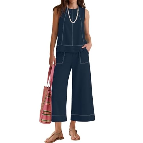LOMON Two Piece Sets for Women Summer Outfits Sleeveless Tank Tops Wide Leg Crop Pants Matching Lounge Vacation Travel Navy Blue Medium