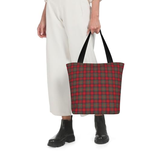Red Green Royal Stewart Tartan Plaid Reusable Zippered Shoulder Bag, Stylish Polyester Tote With Wide Handle & Inner Pocket, Lightweight Durable Shopping & Travel Bag4
