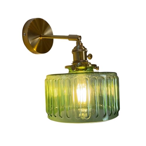 Image of Vintage Wall Sconces with Switch Ribbed Glass Shade Morden Brass Wall Light Fixtures Brass Finish Bedside Wall Mounted Lamp for Bedroom Bathroom Living Room Farmhouse Vanity (Green)