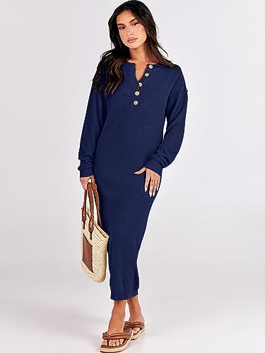 Image of ANRABESS Women Long Sleeve Button V Neck Oversized Casual Loose Fit Waffle Knit Fall Midi Sweater Dress 2026 Trendy Outfits